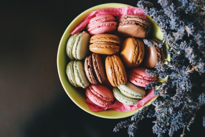 colorful macarons in bowl