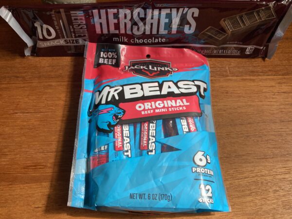 package of hershey bars and package of mr. beast jacklinks 