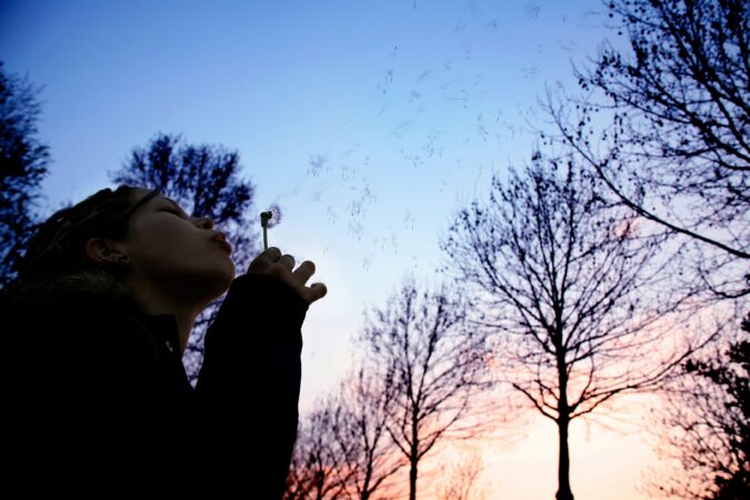 Girl blowing dandelion with trees in the background.