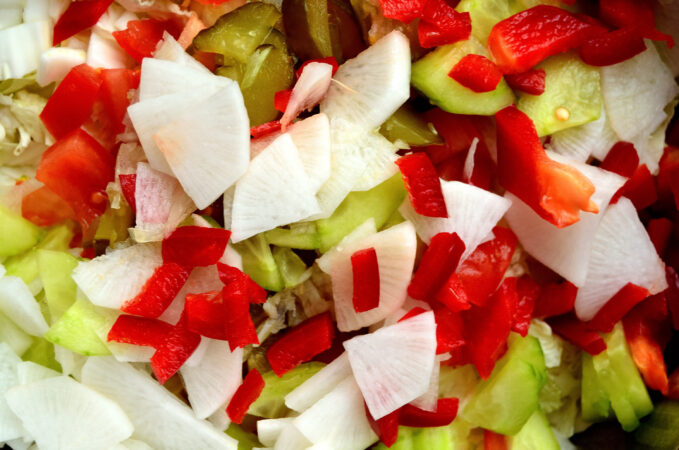 chopped cucumber, pepper, tomato