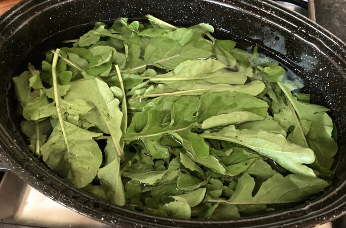 arugula in water in a black speckled roaster