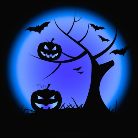 Halloween illustration. Black square with round teal and blue circle containing flying bats, a bare tree, and jack-o-lanterns.